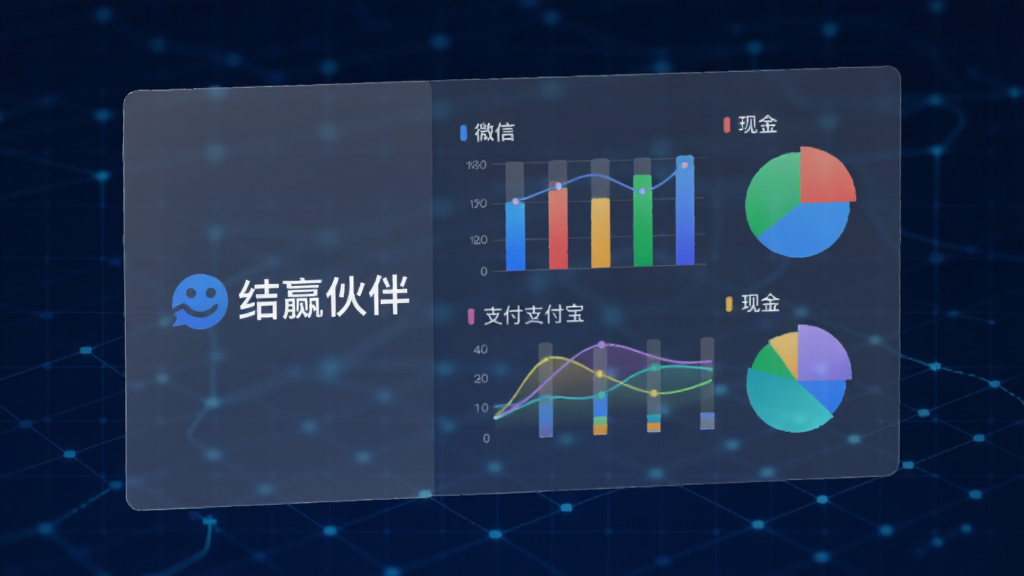 AI生图,画面展示一个悬浮在空中的半透明数据面板,面板左侧是“结赢伙伴”的Logo,右侧是整齐排列的彩色条形图和饼状图,图表上标注着“微信”、“支付宝”、“现金”等字样,数据线条流畅,背景是深蓝色的科技感网格,风格简约现代,画质干净,突出数据可视化效果,无多余装饰。
