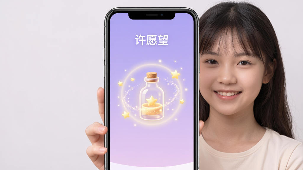 һ���ֻ���Ļչʾ�š���Ը����App�������棬����������һ���������Ըƿͼ�꣬��Χ���������Ǻ���͵Ĺ��Σ������ǵ���ɫ���䣬������һ������Ů�������ֻ�΢Ц������Ϊ�����ֻ�չʾ���Ű�����У������ܰ������ϸ������Ըƿ��΢������Ч�������ʸ��壬�ɾ����޶���Ԫ��