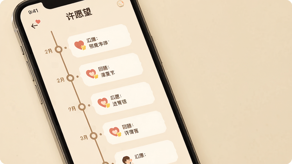 �ֻ���Ļչʾ����Ը����App�Ļع���ͼ��ʱ�������Ļ��ഹֱ���죬���Ϸֲ��Ų�ͬ���ڵ���Ը��Ƭ����Ƭ����Сͼ��ͼ�����֣�����Ϊǳ��ɫ������Ϊ����ʱ�����Ű棬�����ů���ɣ�ϸ����ʱ�����нڵ�Բ��װ�Σ����ʸ��壬�ɾ����޶���Ԫ��