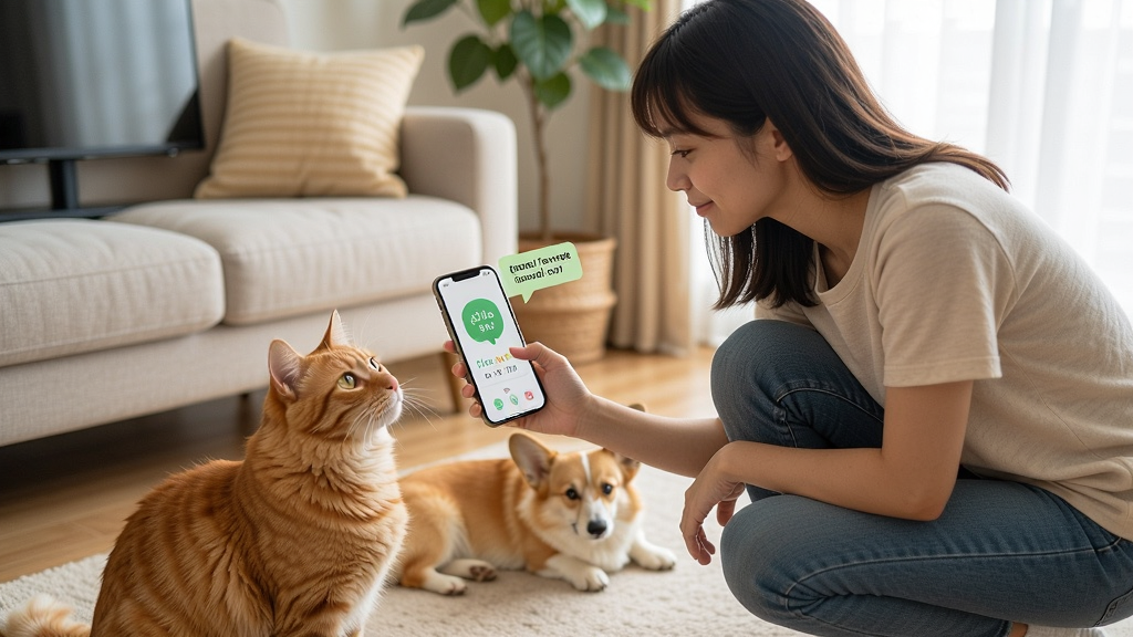 动物交流器使用场景图,画面中一位年轻女生蹲在客厅地板上,手里拿着手机打开动物交流器对着面前的橘猫,手机屏幕显示翻译结果气泡,橘猫抬头看着手机,旁边还有一只柯基犬趴在地上,背景是温馨的家居环境,自然光线,生活化摄影风格,画面干净整洁,无多余元素