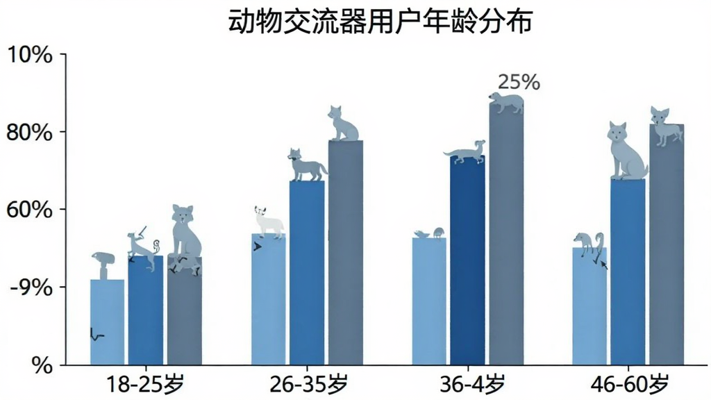 动物交流器用户年龄分布柱状图,横轴标注18-25岁、26-35岁、36-45岁、46-60岁四个年龄段,纵轴标注用户占比百分比,柱状图颜色分别为浅蓝、中蓝、深蓝、灰蓝,图表标题为“动物交流器用户年龄分布”,背景白色,数据清晰可见,风格简洁专业,画质干净无多余元素