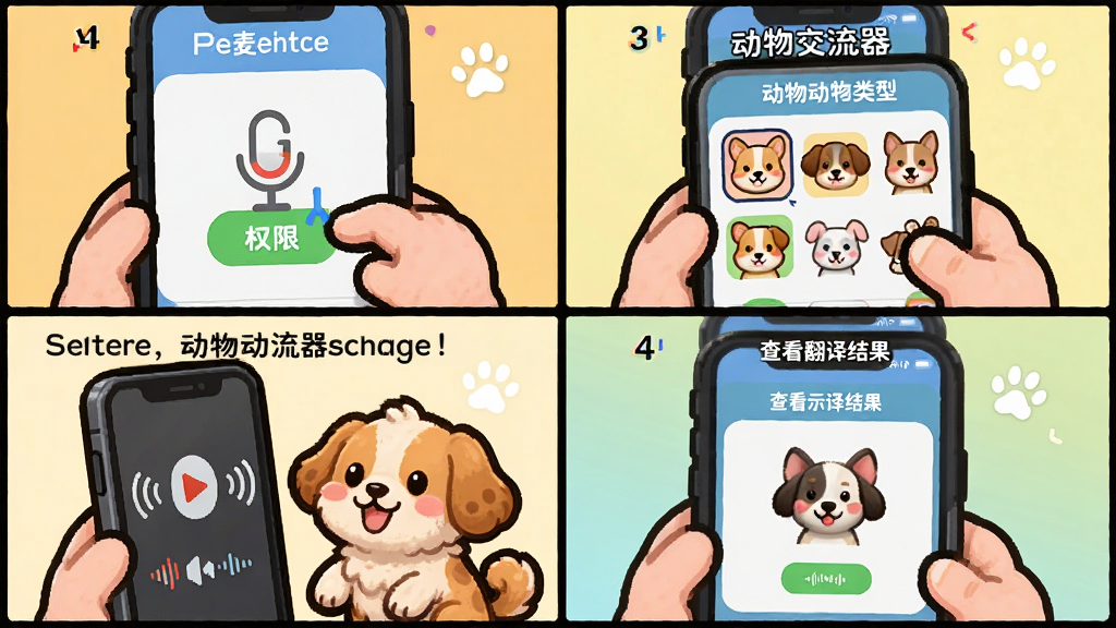 动物交流器操作步骤示意图,画面用四格漫画形式展示,第一格手机设置里打开麦克风权限,第二格打开动物交流器选择动物类型,第三格对着宠物录音,第四格查看翻译结果,每格配有简单文字说明,整体风格可爱卡通,颜色明亮,画质干净无多余元素