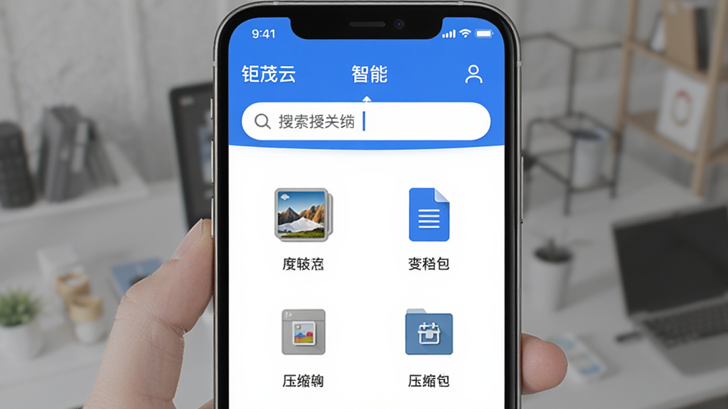 手机界面展示“钜茂云”智能分类页面,上方搜索框输入关键词,下方显示图片、文档、压缩包等分类图标,界面简洁,蓝白配色,高清干净