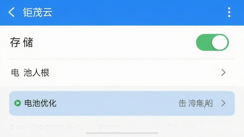 手机设置界面截图,显示“钜茂云”权限管理页面,存储权限开关打开,电池优化选项高亮,蓝白界面,干净清晰