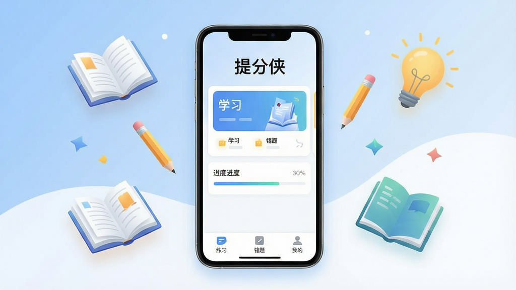 һ��չʾ�����App����ȫò��ͼƬ�������������ֻ���Ļ����Ļ����ʾ���������ҳ���棬���涥���С�������������֣��м���ѧϰ��Ƭ�ͽ��������ײ�����ϰ�����⡢�ҵ�������ǩ����ΧƯ�����鱾��Ǧ�ʡ����ݵ�ѧϰԪ�أ���������͵����׽��䣬������ִ������ʸɾ��������޶���Ԫ��