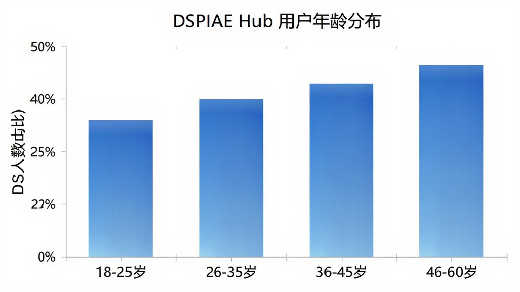 һ��չʾ DSPIAE Hub �û�����ֲ�����״ͼ������Ϊ����Ρ�18-25�ꡱ��26-35�ꡱ��36-45�ꡱ��46-60�ꡱ������Ϊ����ռ�ȣ�������ɫΪ��ɫ���䣬ͼ������Ϊ��DSPIAE Hub �û�����ֲ�����������ɫ����������ݻ������������ɾ����޶���Ԫ��