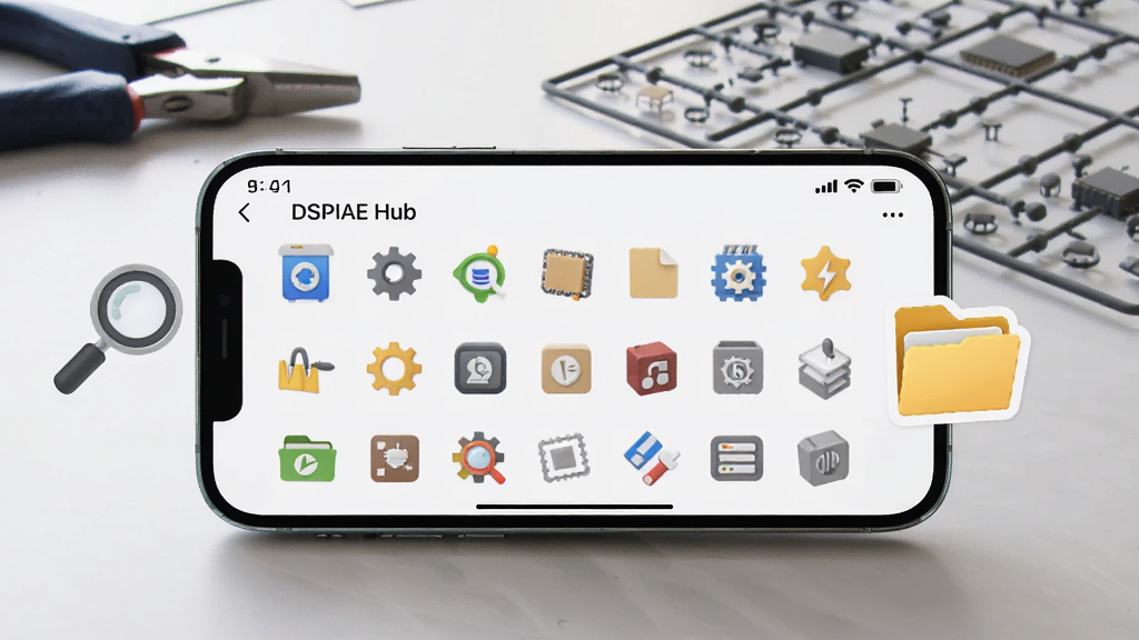 һ��չʾ DSPIAE Hub ������Դ���Ϲ��ܵ�ͼƬ��������һ���ֻ�������ʾ����Ļ���Ƿ�������Ĺ�����Դ�б����Ա��зŴ󾵺��ļ���ͼ�꣬�����ǹ���̨���棬�����м�ǯ��ģ�Ͱ�������дʵ���������������ɾ����޶���Ԫ��