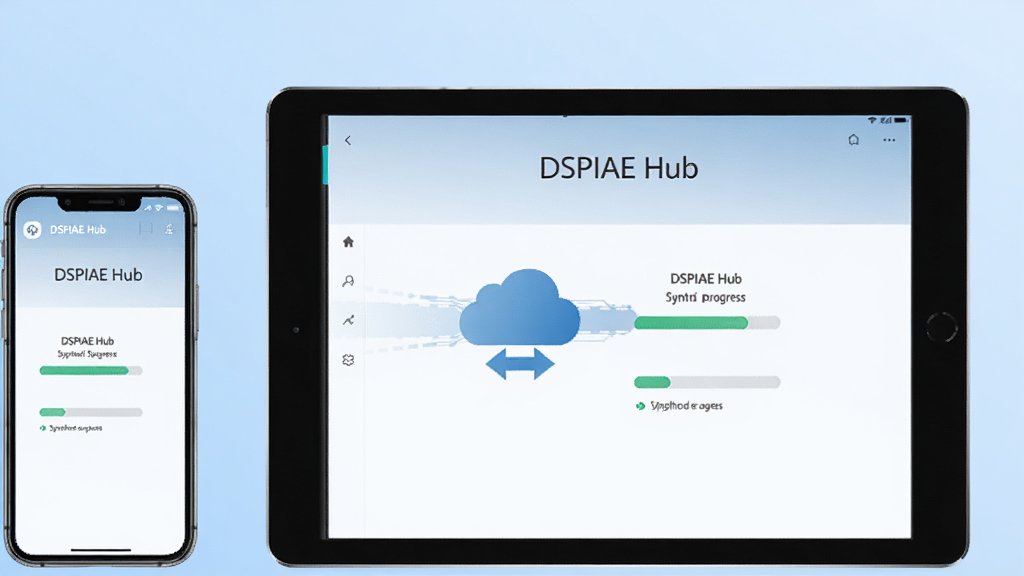 һ��չʾ DSPIAE Hub �ƶ�ͬ�����ܵ�ͼƬ��������һ���ֻ���һ̨ƽ�岢�Űڷţ�������Ļ�϶���ʾ DSPIAE Hub ��ͬ�����Ƚ��棬�м����ƶ�ͼ���˫���ͷ���ӣ�����Ϊǳ��ɫ���䣬���Ƽ���࣬���������ɾ����޶���Ԫ��