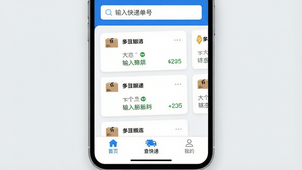 һ���ֻ���Ļչʾ��ݰ�����ȡ��ѯApp�������棬��������ɫ�Ͱ�ɫΪ��ɫ����������������д�š������ݵ��š����м���ʾ�����ݰ�����Ƭ��ÿ����Ƭ���п�ݹ�˾ͼ�������״̬���ײ��С���ҳ�������ݡ����ҵġ�����������ť�������Ǹɾ���ǳ��ɫ���������Լ�ִ������������޶���Ԫ�أ����ʸ���