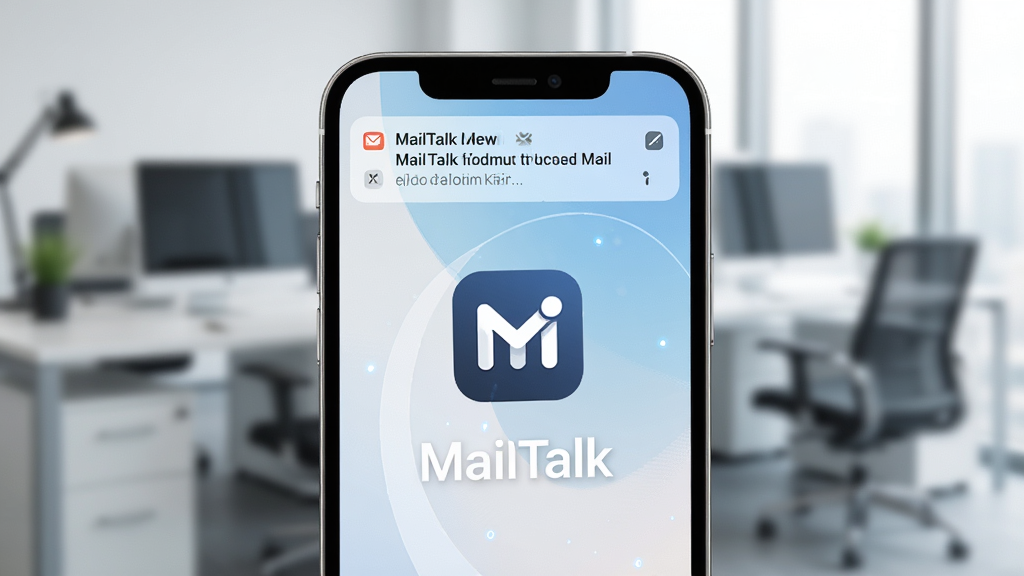 һ��չʾMailTalk�����շ��ʼ����ܵĳ���ͼƬ��������һ���ֻ���Ļ����֪ͨ���������ʼ����ѣ���Ļ������MailTalkӦ��ͼ������ֱ�ʶ��������ģ���İ칫�ҳ��������дʵ�Ƽ��У�ɫ�����������ʸɾ����޶���Ԫ��