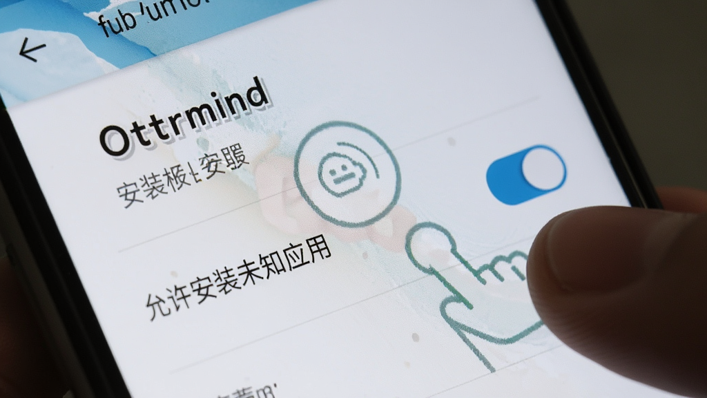 �ֻ���Ļ����ʾ Ottermind ��װȨ�����ý��棬�С�������װδ֪Ӧ�á��Ŀ��ذ�ť���Ա�����ָ�����ʾ�⣬����Ϊ��׿ϵͳ����ҳ�棬���дʵ�������������޶���Ԫ��