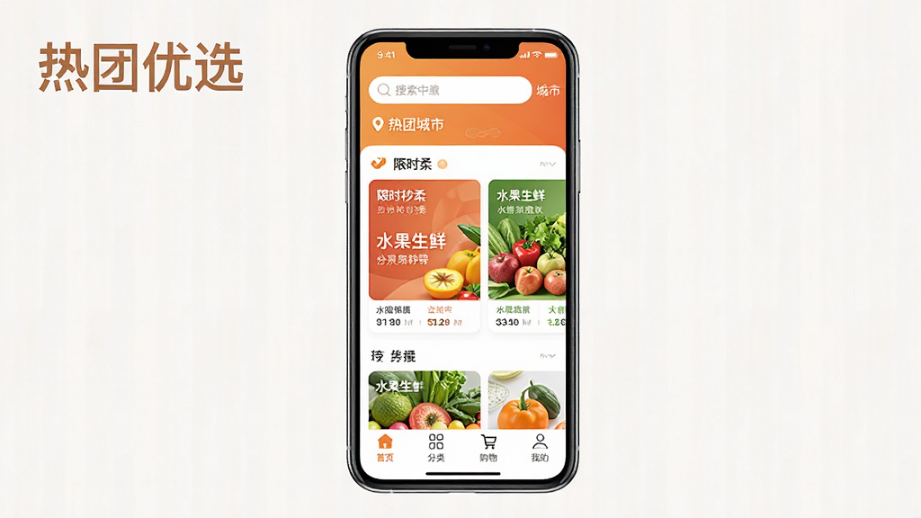 һ��չʾ������ѡӦ���������ͼƬ�������������ֻ���Ļ����Ļ����ʾ��������ѡAPP����ҳ��������������Ͷ�λ���У��м�����ʱ��ɱ��ˮ�����ʵĺ��򻬶���Ƭ���ײ�����ҳ�����ࡢ���ﳵ���ҵ��ĸ�����ͼ�꣬�������ů��ɫ��������ִ���࣬���������ɾ����޶���Ԫ�أ������д���������ѡ�����֡�
