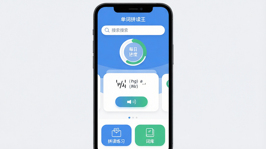 ������һ�������ֻ����棬չʾ������ƴ������App����ҳ�������Ϸ�����������ÿ��ѧϰ���Ȼ����м��ǵ��ʿ�Ƭչʾ����������ͷ�����ť���·���ƴ����ϰ�ʹʿ���ڣ��Ű������������Ϊ�ִ���ƽ��������App��ƣ�ϸ���ϰ�ťԲ��ͼ�����ԡ���ɫ��������Ϊ�������ʸ���ɾ��޶���Ԫ�أ�ͼƬ�����ְ���������ƴ������