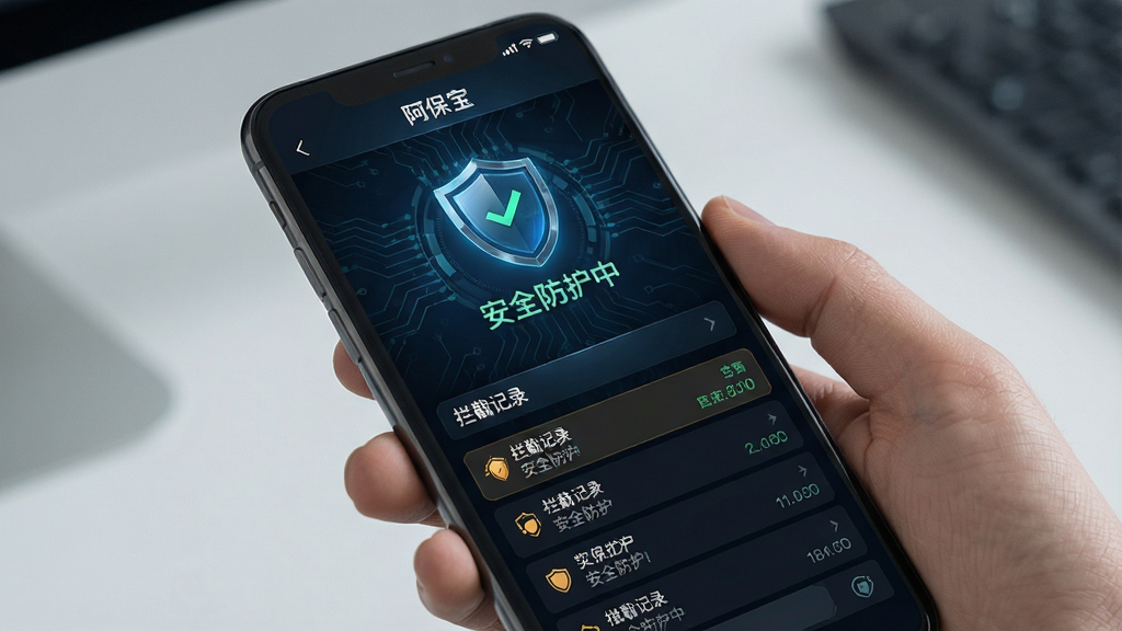 阿保宝实时安全防护界面,手机屏幕显示盾牌图标和“安全防护中”字样,下方有拦截记录列表,背景是深色科技感风格,细节清晰,画质干净无多余元素