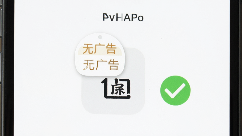 阿保宝设置界面,手机屏幕显示“无广告”标识和体积小的图标,旁边有绿色对勾,背景是简洁的白色,风格极简,画质干净无多余元素
