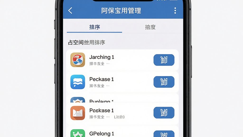 阿保宝应用管理界面,手机屏幕显示应用列表按占用空间排序,每个应用右侧有卸载按钮,顶部有排序选项卡,界面清爽,文字清晰,画质干净
