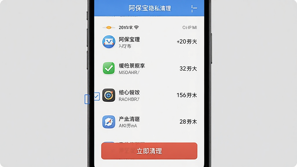 阿保宝隐私清理界面,手机屏幕显示应用列表和对应的缓存大小,每项前面有复选框,底部是红色“立即清理”按钮,布局清晰,风格简洁,画质干净