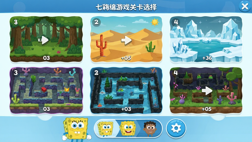�߲ʺ�����Ϸ�еĹؿ�ѡ����棬����չʾ�����ͬ������Թ�����ͼ������ɭ�֡�ɳĮ�������ȳ�����ÿ������ͼ�ϱ��йؿ����֣��ײ��к����ɫͷ���Ƥ���л���ť�����ͳһΪ��ͨ��ƽ�����������������ʸɾ�