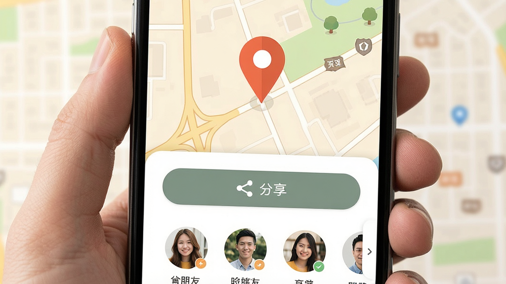 一张高驾地图导航APP位置分享功能界面的展示图,手机屏幕显示地图上有一个定位大头针,下方有分享按钮和好友头像列表,界面风格温暖友好,布局简洁,画质干净无多余元素
