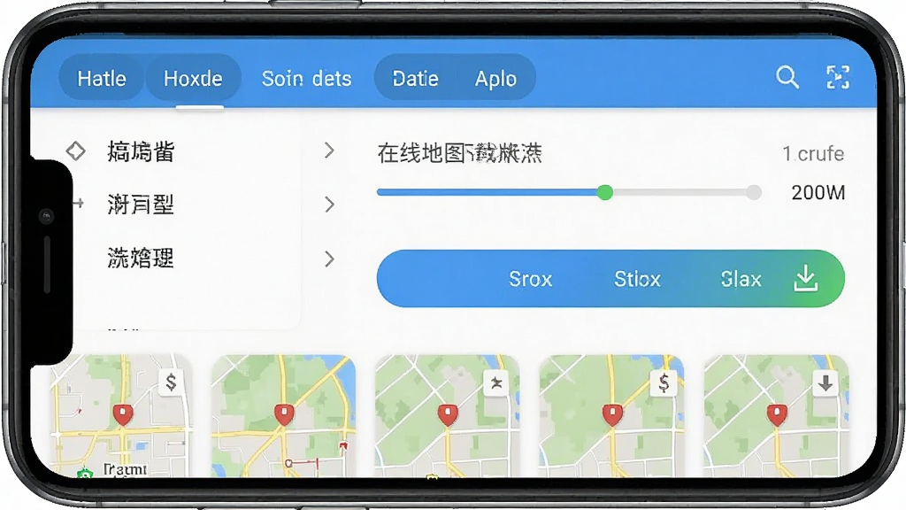 一张高驾地图导航APP离线地图下载管理界面的截图风格展示图,手机屏幕显示城市列表和已下载状态,有进度条和下载按钮,地图缩略图在下方,整体排版整齐,风格扁平化,细节清晰,画质干净无多余元素