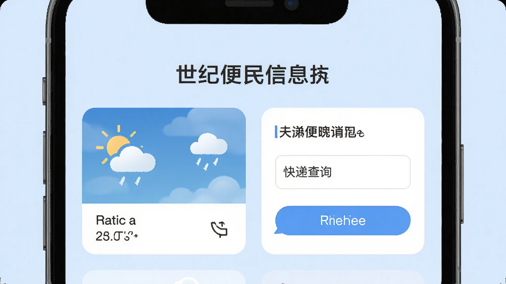 帮世纪便民信息查询界面,手机屏幕显示天气卡片和快递查询框,背景是淡蓝色,文字清晰,风格清新简约,画质干净无多余元素