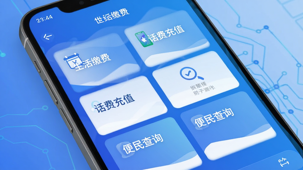 帮世纪功能聚合界面,手机屏幕显示多个服务卡片整齐排列,卡片上有“生活缴费”“话费充值”“便民查询”等文字,界面以蓝色渐变为主,风格简洁科技感,画质干净无多余元素