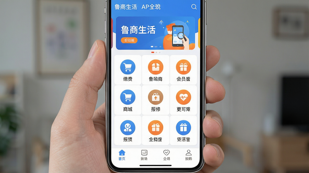 һ��չʾ��³�����APP����ȫò���ֻ������ͼ������Ϊһ���ִ������ֻ�����Ļ����ʾ³������Ӧ����ҳ�����ְ��������ֲ�������в��Ź�������ڣ��ɷѡ��̳ǡ����ޡ���Ա��ͼ�꣩���ײ����������Ű��������򣬷��Ϊ�ִ���ƽ����ƣ�ϸ�ڴ�ͼ��Բ��ɫ�������׳�Ϊ�������������ɾ����޶���Ԫ�ء�