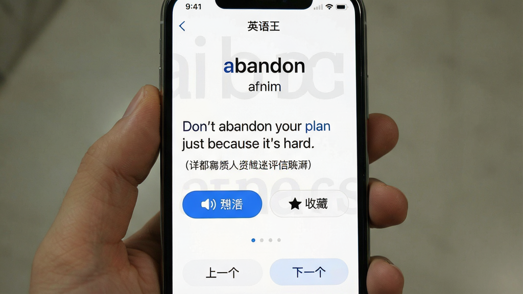 һ���ֻ�����չʾͼ�����������ǡ�Ӣ������App�ĵ�������ҳ��������ʾ���ʡ�abandon�������꣬�м������䡰Don't abandon your plan just because it's hard.���������ķ��룬�����·��з�����ť���ղذ�ť���ײ��С���һ��������һ�����л���ť������Ϊ��ɫ�������Ű������������