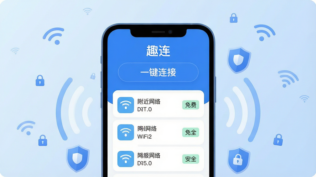 一张展示“趣连”软件核心全貌的详细图片。主体是一个手机屏幕,屏幕中央显示“趣连”App的主界面,界面设计简洁,以蓝白配色为主,顶部有醒目的“一键连接”按钮,下方列表展示着附近可用的WiFi网络,每个网络名称旁有信号强度图标和“免费”或“安全”的小标签。手机周围环绕着一些象征网络信号的波纹和盾牌图标,代表安全与连接。布局上,手机位于画面中心,背景是柔和的浅蓝色渐变,点缀着一些微小的WiFi符号和锁形图标。风格为现代扁平化科技风,细节圆润,文字清晰可见“趣连”二字。画质高清,干净,无多余元素。