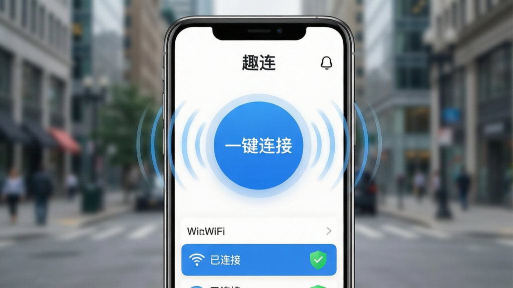 一张展示“趣连”App一键连接功能的图片。主体是一部手机,屏幕上显示着“趣连”的界面,一个巨大的蓝色圆形按钮上写着“一键连接”,按钮周围有动态的连接波纹效果。手机屏幕下方是附近WiFi列表,其中一条被高亮选中,旁边显示“已连接”和绿色的安全盾牌图标。布局上,手机占据画面主体,背景是模糊的城市街景,暗示在公共场所使用。风格为简洁明快的UI设计展示,细节清晰,文字“趣连”和“一键连接”清晰可见。画质干净,无多余元素。