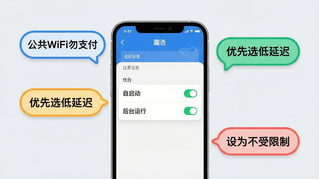 一张展示“趣连”App使用技巧与避坑指南的图片。主体是一部手机,屏幕上显示“趣连”的设置界面,重点突出“自启动”和“后台运行”两个选项被开启。手机旁边漂浮着几个提示气泡,分别写着“公共WiFi勿支付”、“优先选低延迟”、“设为不受限制”。布局上,手机位于中心,气泡围绕手机分布。风格为扁平化信息图,色彩鲜明,文字清晰。细节上,气泡边框圆润,背景是淡灰色。画质干净,无多余元素。