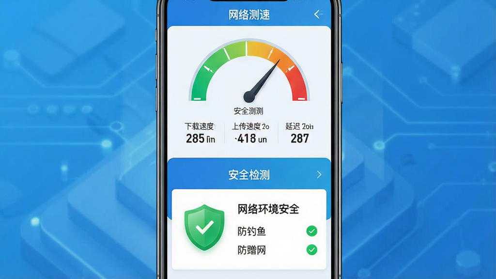 一张展示“趣连”App网络测速和安全检测功能的图片。主体是一部手机,屏幕上分两个区域展示。上半部分显示“网络测速”界面,有一个半圆形的仪表盘,指针指向高速区域,下方显示下载速度、上传速度和延迟的具体数值。下半部分显示“安全检测”界面,有一个绿色的盾牌图标,旁边写着“网络环境安全”,下面列出“防钓鱼”、“防蹭网”等安全项,每项前都有绿色对勾。布局上,手机屏幕内容清晰,背景是简洁的科技蓝。风格为功能界面展示,细节精致,文字“趣连”、“网络测速”、“安全检测”清晰可见。画质高清,干净,无多余元素。