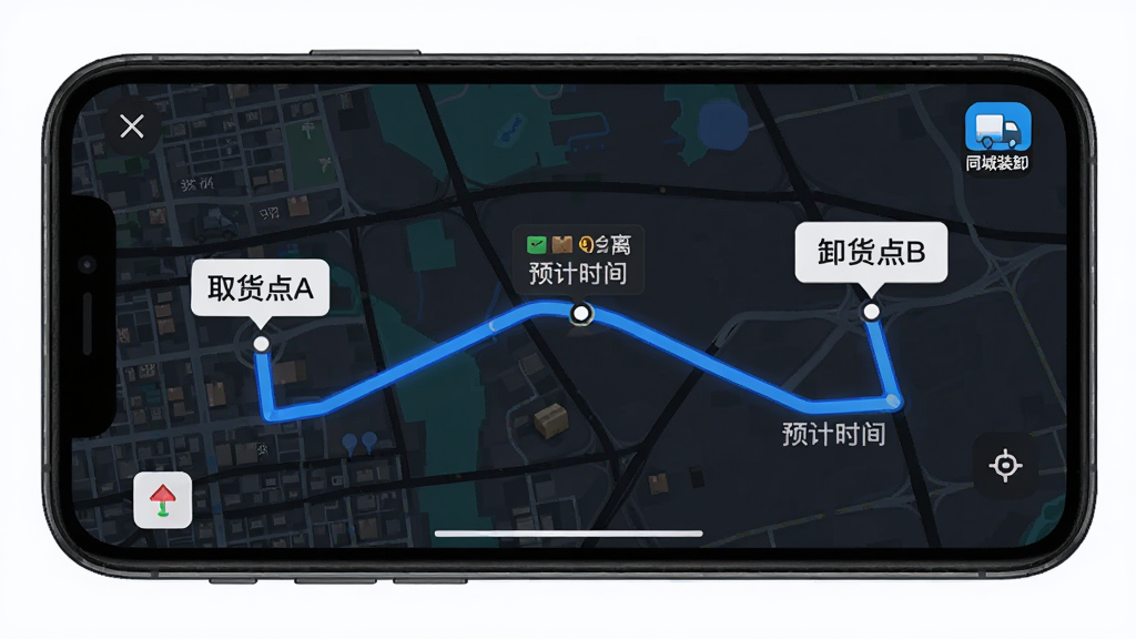 ͬ��װжApp·�߹滮���棬�ֻ�������ʾ��ͼ����ģʽ����ͼ������ɫ���������ر��һ���ӡ�ȡ����A������ж����B����·�ߣ���;��ע��Ԥ��ʱ��;��룬�������Ͻ��С�ͬ��װж����Сͼ�꣬����������ɫģʽ�µĵ�ͼ���棬����������ϸ�ڷḻ
