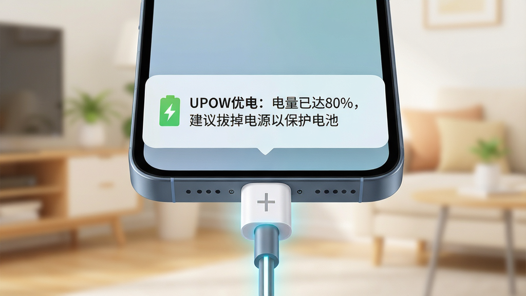 һ��չʾUPOW�ŵ��籣�����ܵ�AI��ͼ������������һ���ֻ����ų���ߵ���д����Ļ�Ϸ�����һ�����µĿ�Ƭ֪ͨ����Ƭ��д�š�UPOW�ŵ磺�����Ѵ�80%������ε���Դ�Ա�����ء������־��У��Ű��࣬����Ǳ�ƽ���廭�磬ϸ���ϳ���ߴ���΢�⣬����Ϊ��͵ļҾӻ����黯�����������ɾ����޶���Ԫ�ء�