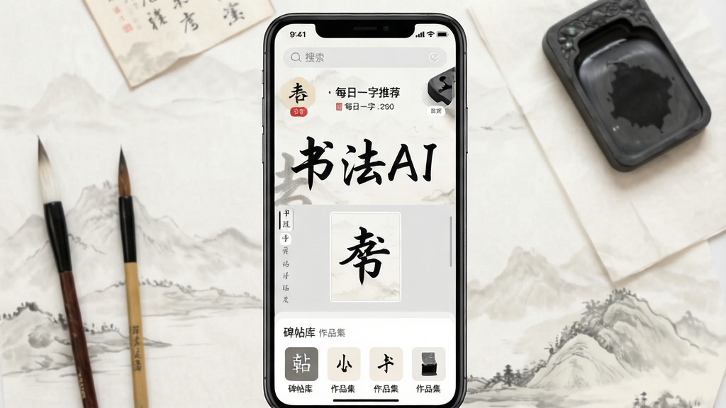 һ���ֻ���Ļչʾ�鷨AIӦ�õ������棬���������ǡ��鷨AI���ĸ����֣������ǵ��ŵ�ˮī�����ë�ʡ���̨����ֽ��Ԫ�ص�׺�����沼���������Ϸ�����������ÿ��һ���Ƽ����м���������ġ�����·��Ǳ��������Ʒ����ڣ��������Լ���ţ����ʸɾ����޶���Ԫ�أ�������Ⱦ