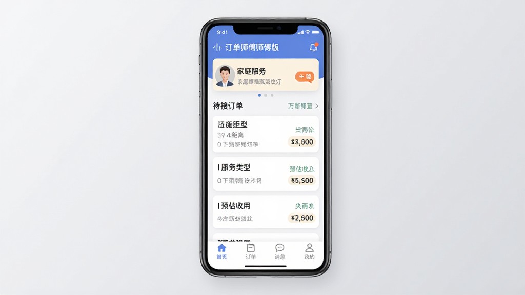 ��ʦ��ʦ�����ͥ����App������ȫòչʾ������Ϊһ�������ֻ���Ļ����Ļ����ʾ��ʦ��ʦ�����ͥ����App����ҳ�������ж�������֪ͨ������м��Ǵ��Ӷ����б���Ƭ����Ƭ����ʾ���롢�������ͺ�Ԥ�����룬�ײ�����������ҳ����������Ϣ���ҵ��ĸ�ͼ�꣬������ǳ��ɫ���䣬����ִ���ƽ����ϸ��Բ�󣬻��ʸɾ������޶���Ԫ��