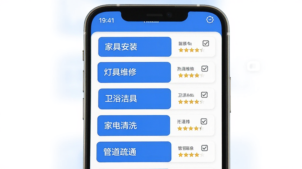 ��ʦ��ʦ�����ͥ����App�ļ��ܱ�ǩ�������棬����չʾһ���ֻ���Ļ����Ļ���г��Ҿ߰�װ���ƾ�ά�ޡ���ԡ��ߡ��ҵ���ϴ���ܵ���ͨ�ȶ�����ܱ�ǩѡ�ÿ����ǩ�Ա��й�ѡ����������Ǽ�����������ɫ�Ͱ�ɫΪ��ɫ��������������������ִ������ʸɾ��޶���Ԫ��