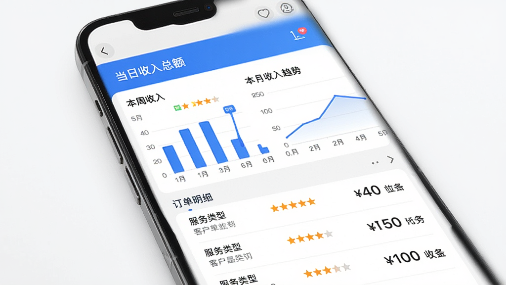 ��ʦ��ʦ�����ͥ����App�Ķ�������ͳ��ҳ�棬����չʾһ���ֻ���Ļ����Ļ����ʾ���������ܶ����������״ͼ������������������ͼ���·��ж�����ϸ�б���ÿ�ʶ�����ʾ�������͡��ͻ������Ǽ�������������԰�ɫΪ�ס���ɫΪǿ��ɫ������ִ���࣬���ʸɾ��޶���Ԫ��