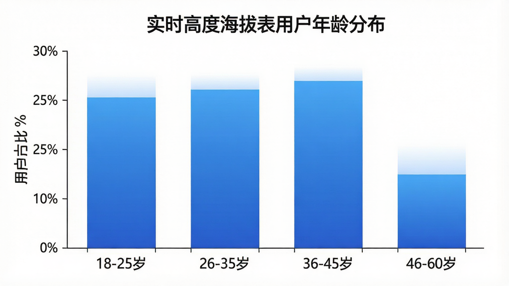 一张柱状图,横轴标注年龄区间“18-25岁”、“26-35岁”、“36-45岁”、“46-60岁”,纵轴标注用户占比百分比,柱子高度分别显示大致为30%、25%、25%、20%,图表标题为“实时高度海拔表用户年龄分布”,背景为白色,风格简洁商务,排版清晰,颜色使用蓝色渐变,细节干净,画质高清,无多余元素。