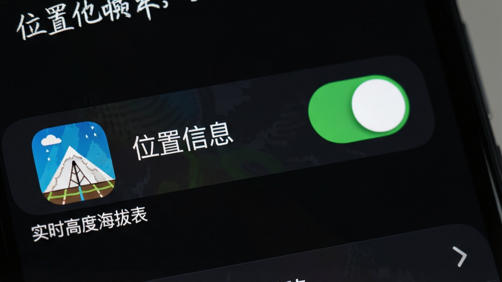 一张展示手机设置界面的图片,重点突出“位置信息”权限开关为开启状态,旁边有“实时高度海拔表”的应用图标,背景是深色模式的设置菜单,风格写实,构图以权限开关为中心,排版清晰,细节丰富,画质干净,无多余元素。