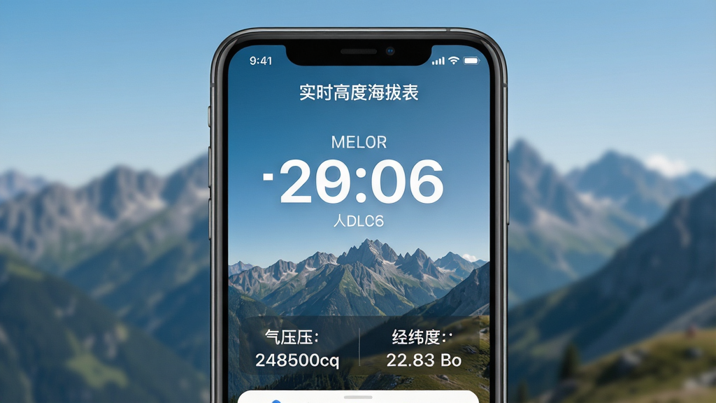一张展示智能手机屏幕的图片,屏幕中央显示着“实时高度海拔表”应用程序的主界面,界面设计简洁,顶部有醒目的海拔数字显示,下方有气压和经纬度数据,背景是清晰的户外山脉风景,整体风格现代扁平,画质干净,无多余元素,主体突出,布局居中,排版清晰,风格写实,细节圆润,画质高清。