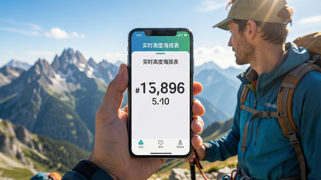 一张展示户外登山场景的图片,画面中一位登山者拿着手机,手机屏幕上显示着“实时高度海拔表”的界面,海拔数字清晰可见,背景是壮丽的山脉和蓝天,阳光明媚,整体风格清新自然,构图以手机屏幕为视觉中心,排版突出应用名称,细节丰富,画质高清,无多余元素。