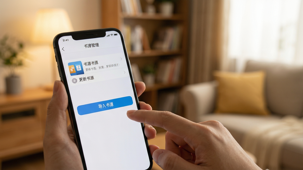 手机屏幕显示厚读的设置界面,一位年轻人正用手指点击“书源管理”选项,界面清晰显示着更新书源和导入书源的按钮,背景是温馨的室内环境,画质干净,无多余元素