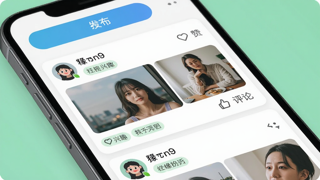ͶԵAppͬ�Ƕ�̬���棬�������ֻ���Ļչʾ��̬��Ϣ��������Ϊ����������ť���в��û���̬��Ƭ��ͼƬ�͵�������ͼ�꣬�Ű�������£���������罻�磬ϸ�ڰ����û�ͷ�����Ȥ��ǩ�����ʸɾ��޶���Ԫ�أ�ͼƬ�����ֱ�������ţ�