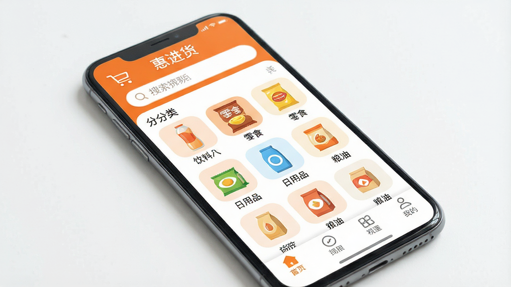一张手机屏幕展示“惠进货”APP主界面的图片,画面主体是一部现代智能手机,手机屏幕中显示“惠进货”应用首页,布局为顶部搜索栏,中部为商品分类图标网格,包括饮料、零食、日用品、粮油等,底部为导航栏,排版清晰整齐,风格简洁现代扁平化,细节上图标圆润、配色以橙色和白色为主,画质干净无多余元素。