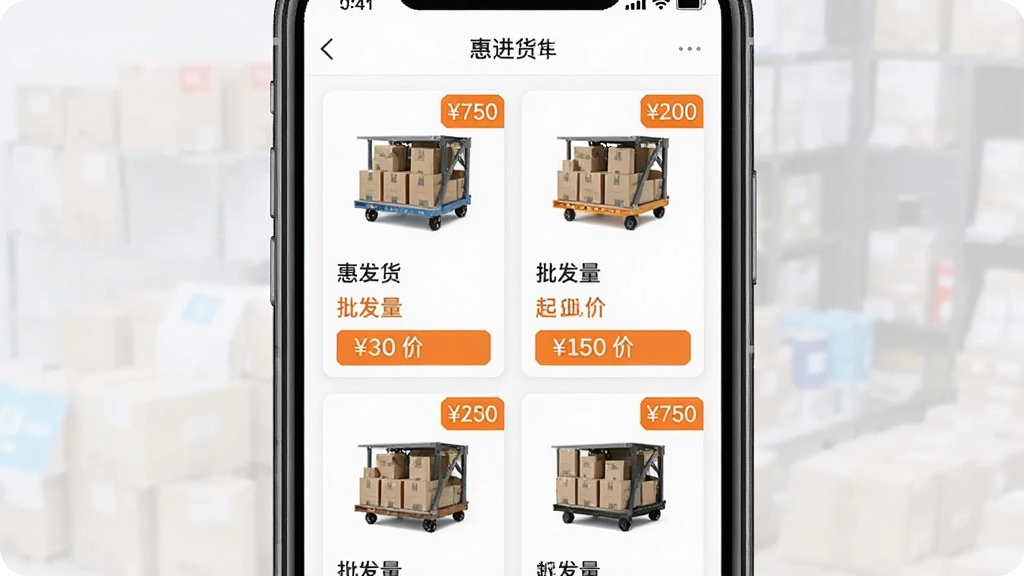 一张展示“惠进货”APP商品列表页面的图片,画面主体是手机屏幕,屏幕中显示“惠进货”商品列表,商品以卡片形式排列,每张卡片包含商品图片、名称、批发价和起批量信息,布局为两列网格,排版整齐,风格现代电商扁平化,细节上价格标签用橙色突出,画质干净无多余元素。