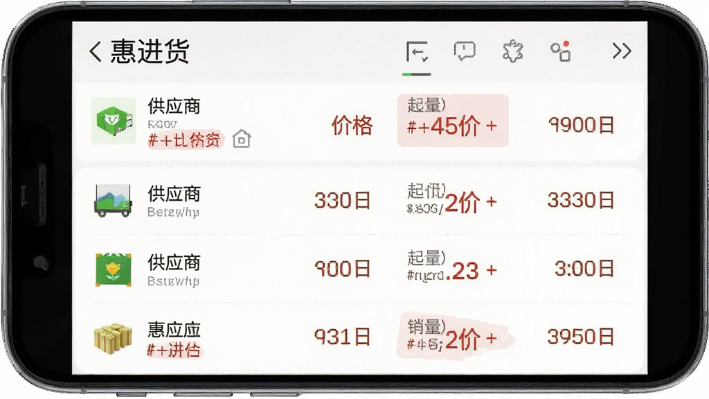 一张展示“惠进货”APP比价功能的图片,画面主体是手机屏幕,屏幕中显示“惠进货”比价页面,同一商品的不同供应商报价以列表形式排列,每行包含供应商名称、价格、起批量和销量,布局清晰纵向排列,排版突出价格对比,风格简洁商务,细节上最低价用红色标注,画质干净无多余元素。
