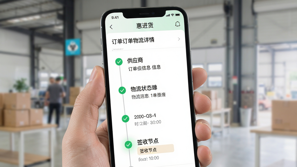 一张展示“惠进货”APP订单跟踪页面的图片,画面主体是手机屏幕,屏幕中显示“惠进货”订单物流详情页,包含订单编号、供应商信息、物流状态时间轴和签收节点,布局为纵向时间线结构,排版清晰直观,风格简洁现代,细节上已完成节点用绿色勾选标记,画质干净无多余元素。
