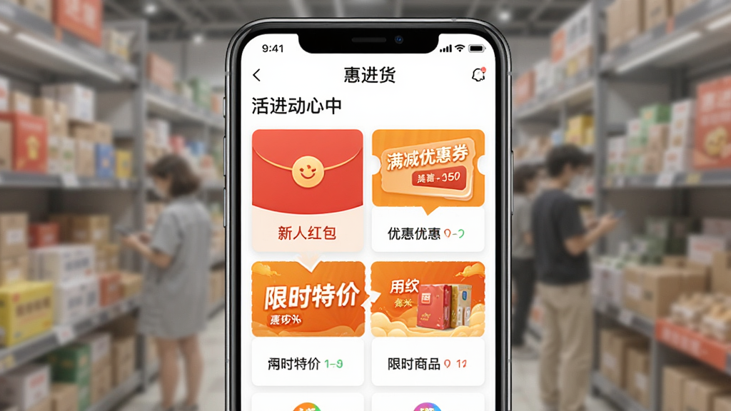 一张展示“惠进货”APP活动优惠页面的图片,画面主体是手机屏幕,屏幕中显示“惠进货”活动中心页面,包含新人红包、满减优惠券和限时特价商品banner,布局为卡片式排列,排版活泼,风格促销电商风,细节上红包用红色、优惠券用橙色,画质干净无多余元素。
