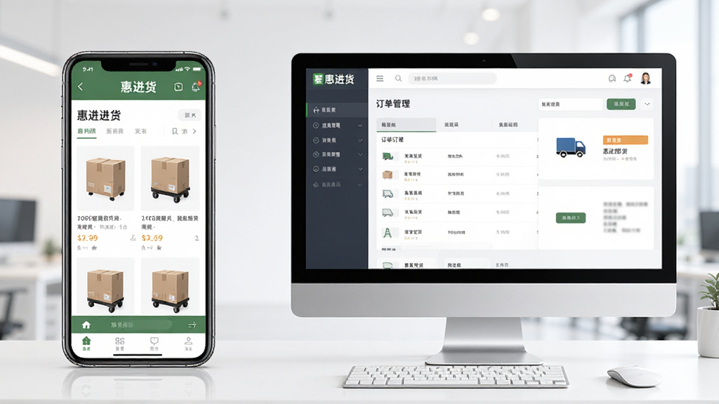 一张展示“惠进货”APP在手机和电脑模拟器上同步使用的图片,画面主体是左侧手机和右侧电脑显示器,手机屏幕显示“惠进货”商品页,电脑屏幕显示“惠进货”订单管理页,布局为左右对比,排版清晰,风格科技现代,细节上两者界面风格统一,画质干净无多余元素。